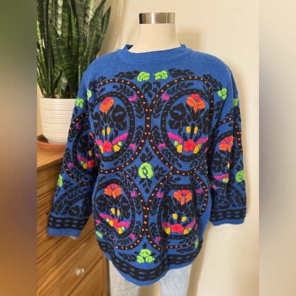 Vintage Sweaters - Vintage Western Connection Knit Sweater‎ Boho Cowgirl Floral Statement Medium